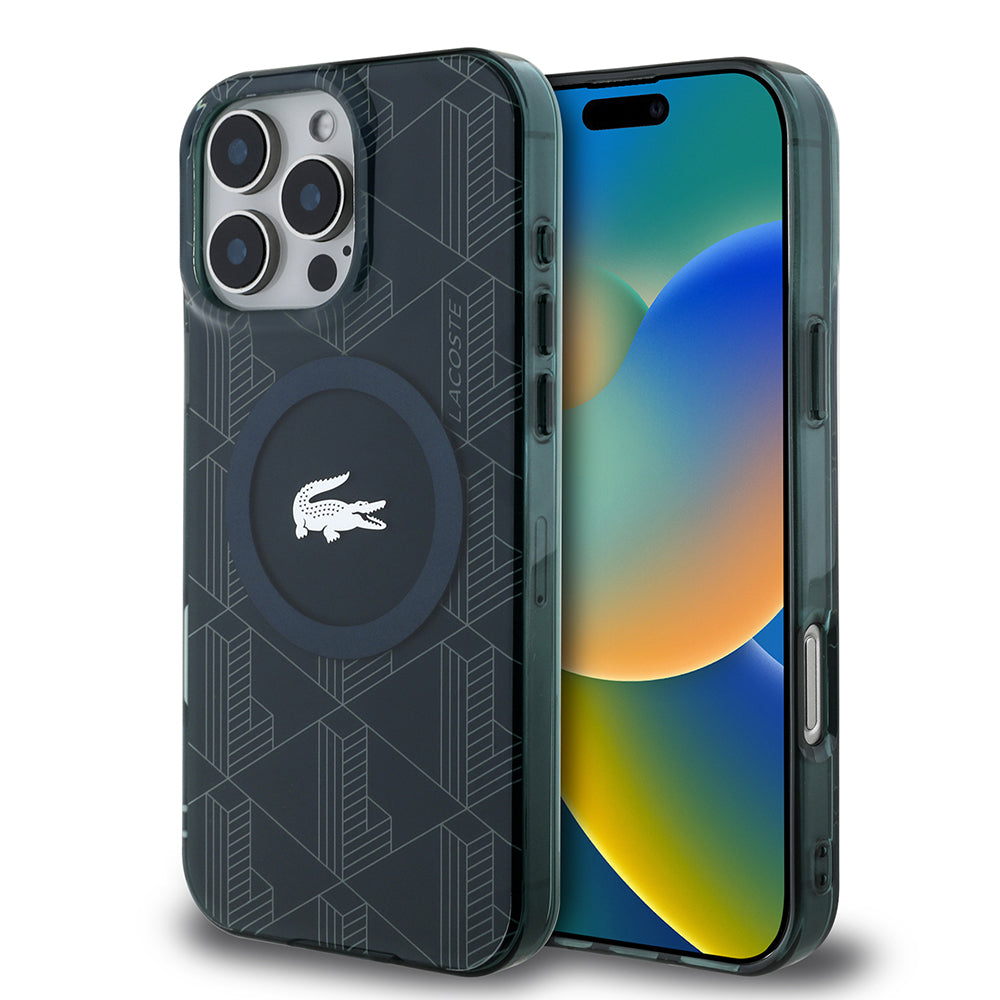 Apple iPhone 16 Pro Kılıf Lacoste Orjinal Lisanslı Magsafe Şarj Özellikli IML Baskılı Gümüş Timsah Logolu Monogram Kapak Yeşil