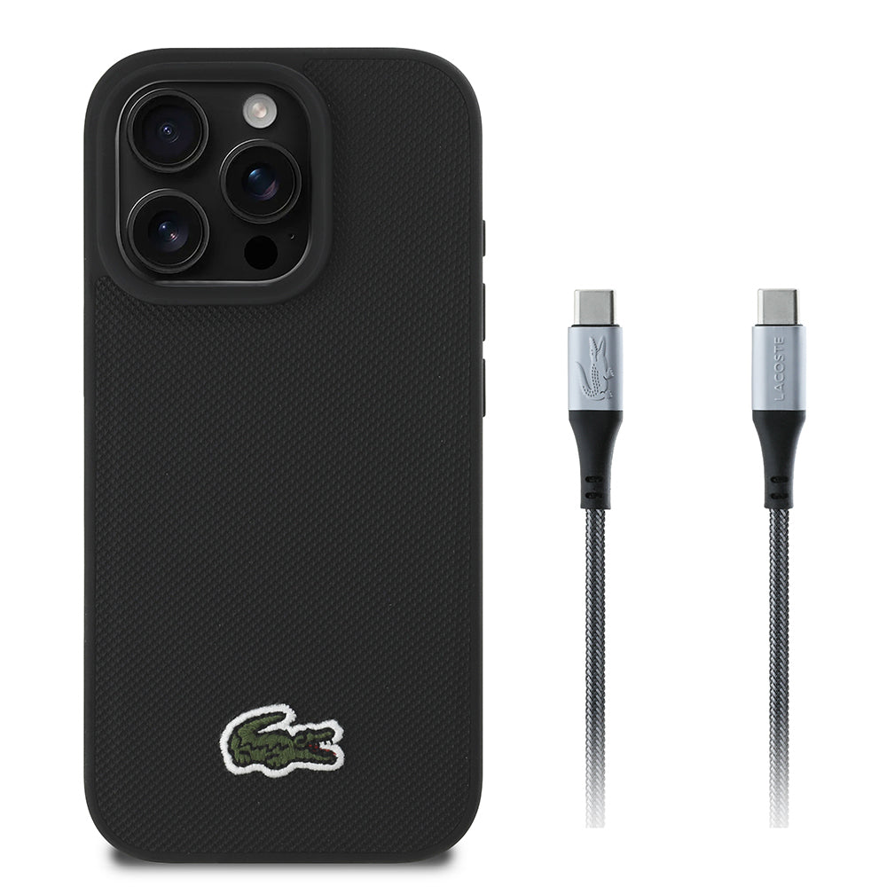 Apple iPhone 16 Pro Kılıf Lacoste Orjinal Lisanslı PU Pike Desenli Arka Yüzey İkonik Timsah Dokuma Logolu Kapak + Type-C Kablo 1.5m Siyah