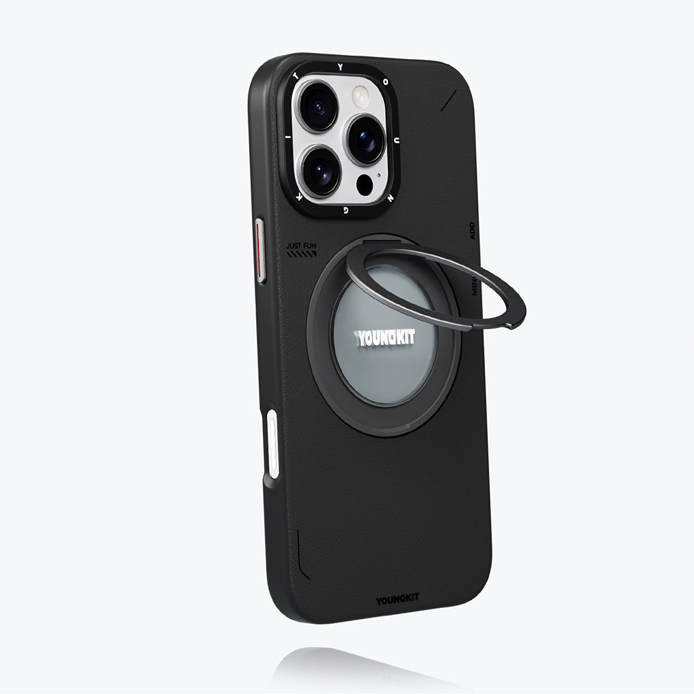 Apple iPhone 16 Pro Kılıf Magsafe Şarj Özellikli 360° Standlı Basit Mat Deri Desenli Youngkit Tech Leather Serisi Kapak Siyah