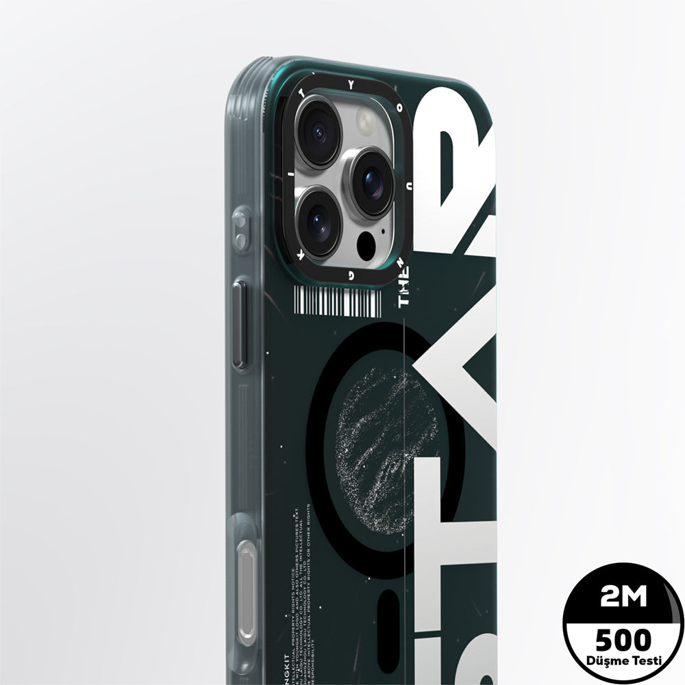 Apple iPhone 16 Pro Kılıf Magsafe Şarj Özellikli Airbagli Hologram Tasarımlı Youngkit Interstellar Serisi Kapak Siyah-Turuncu