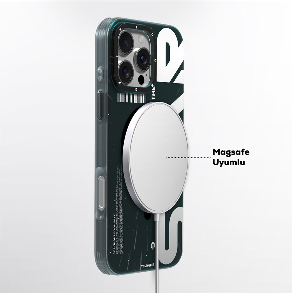 Apple iPhone 16 Pro Kılıf Magsafe Şarj Özellikli Airbagli Hologram Tasarımlı Youngkit Interstellar Serisi Kapak Siyah-Turuncu