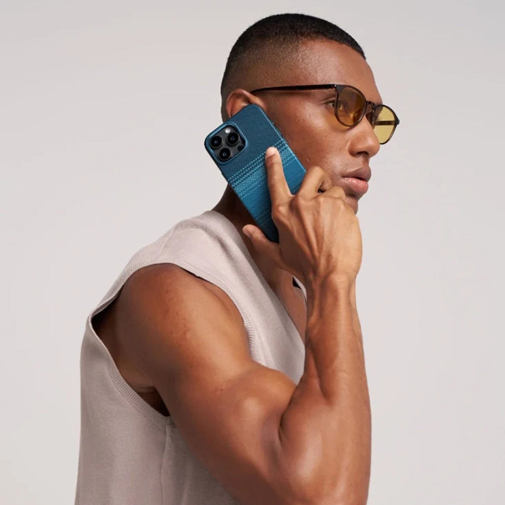 Apple iPhone 16 Pro Kılıf Magsafe Şarj Özellikli Aramid Fiber Pitaka Military-Grade Sunset-Moonrise Serisi Moonrise Kapak Mavi