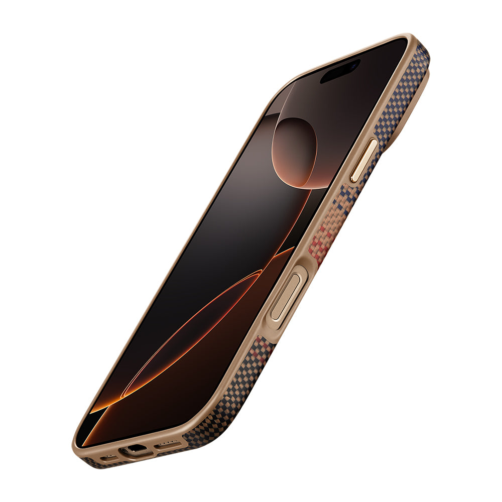 Apple iPhone 16 Pro Kılıf Magsafe Şarj Özellikli Aramid Fiber Pitaka Military-Grade Sunset-Moonrise Serisi Sunset Kapak Kahverengi