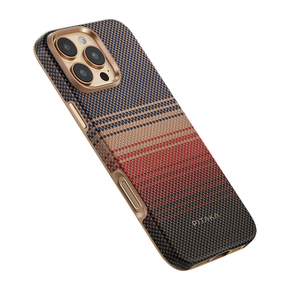 Apple iPhone 16 Pro Kılıf Magsafe Şarj Özellikli Aramid Fiber Pitaka Military-Grade Sunset-Moonrise Serisi Sunset Kapak Kahverengi