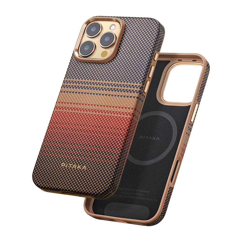 Apple iPhone 16 Pro Kılıf Magsafe Şarj Özellikli Aramid Fiber Pitaka Military-Grade Sunset-Moonrise Serisi Sunset Kapak Kahverengi