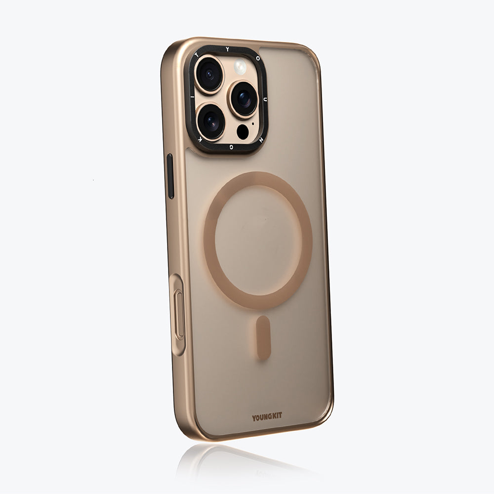 Apple iPhone 16 Pro Kılıf M-safe Şarj Özellikli Cam Arka Yüzey TPU Youngkit Gemstone Serisi Kapak Gold