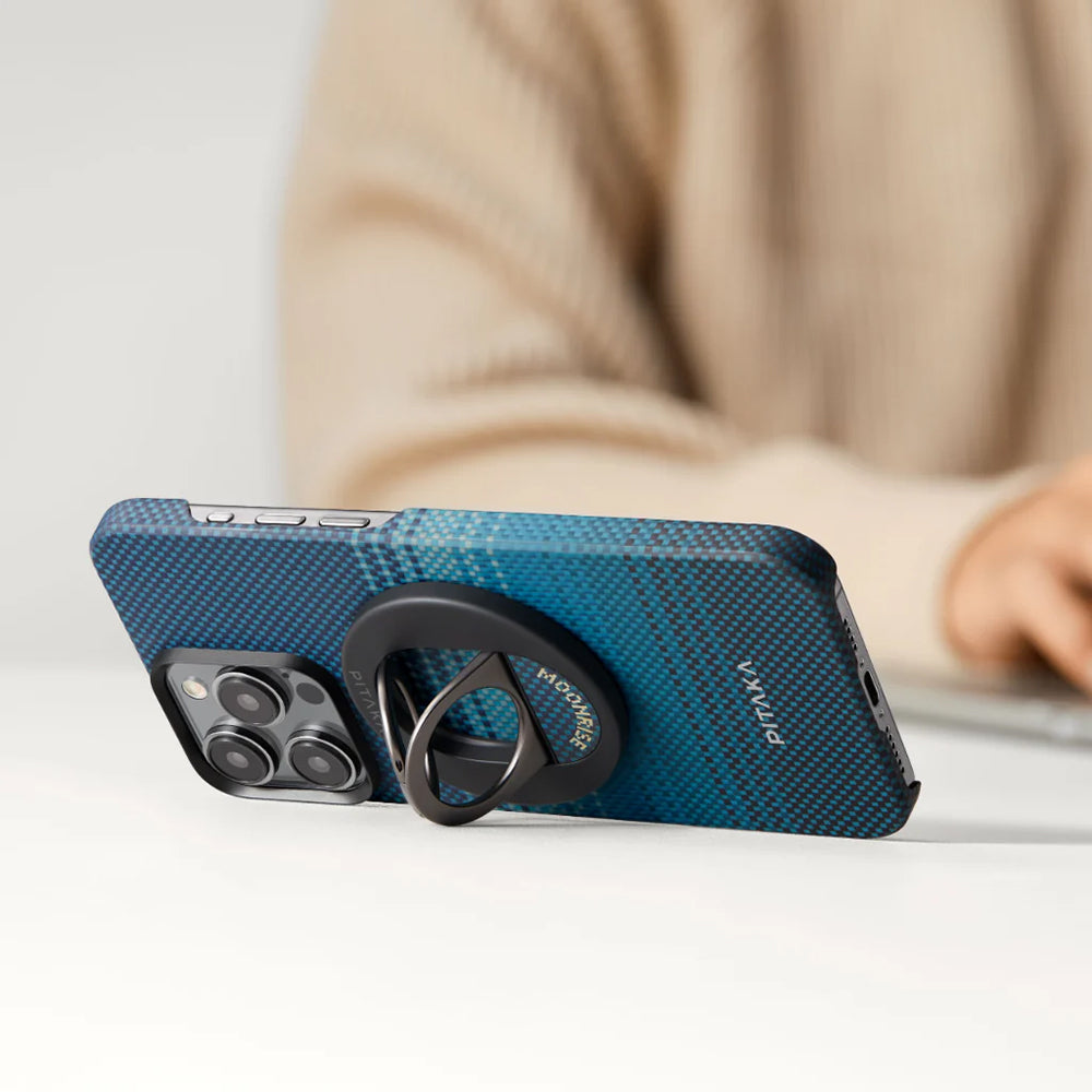 Apple iPhone 16 Pro Kılıf Magsafe Şarj Özellikli Grip 3 Standlı Aramid Fiber Pitaka Tactile Woven Sunset-Moonrise Serisi Moonrise Kapak Mavi