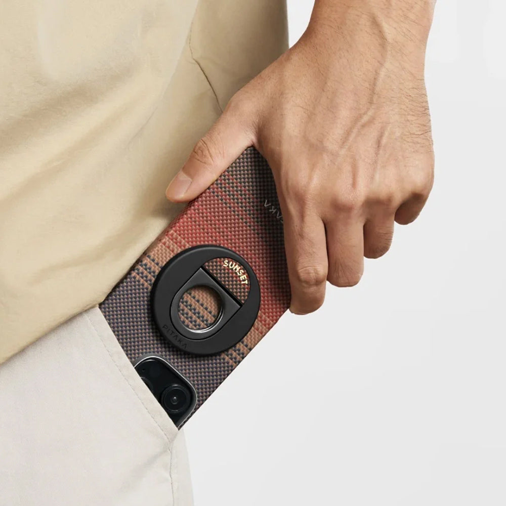 Apple iPhone 16 Pro Kılıf Magsafe Şarj Özellikli Grip 3 Standlı Aramid Fiber Pitaka Tactile Woven Sunset-Moonrise Serisi Sunset Kapak Kahverengi