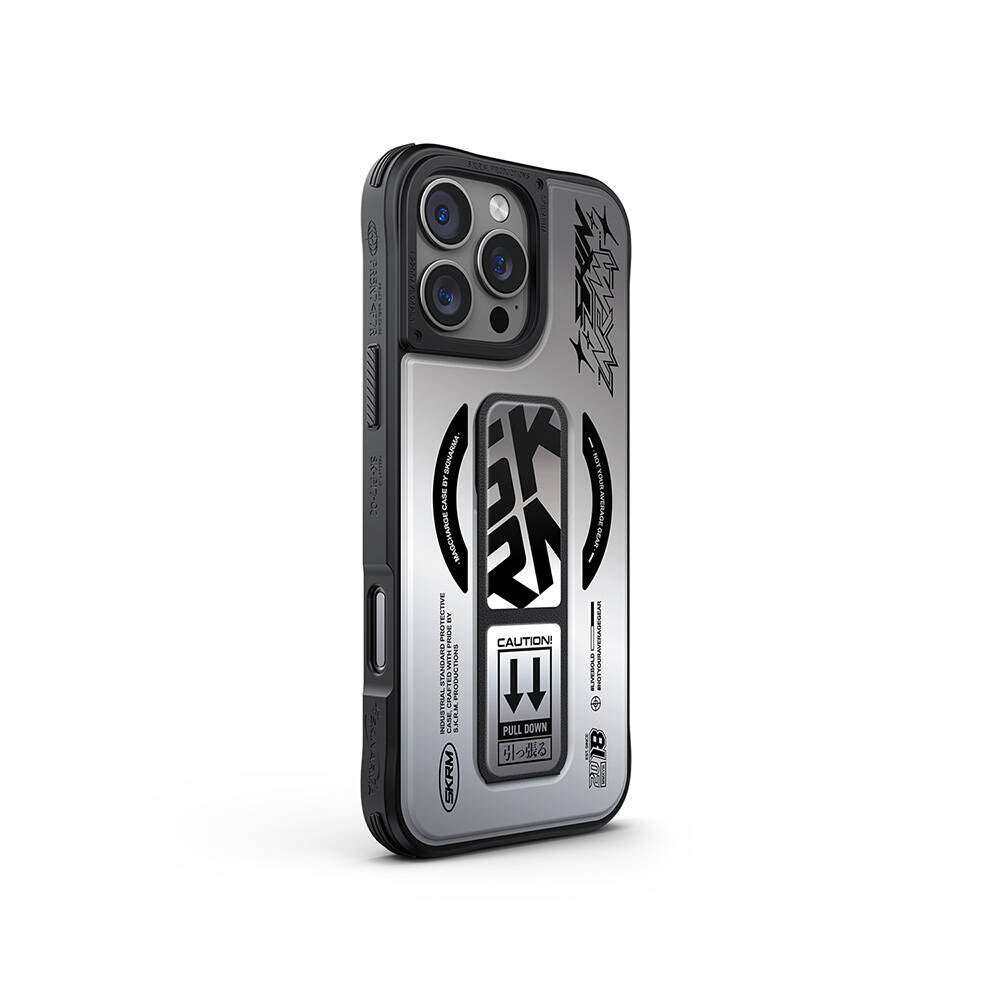 Apple iPhone 16 Pro Kılıf Magsafe Şarj Özellikli Holografik Tasarımlı Standlı Deri Görünümlü Skinarma Kira Kobai Kapak Gümüş