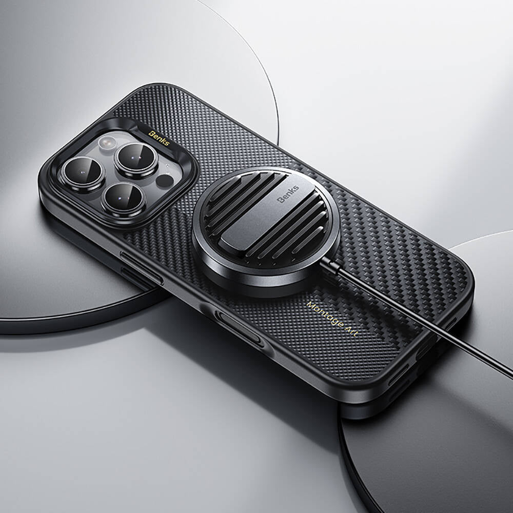 Apple iPhone 16 Pro Kılıf Magsafe Şarj Özellikli Karbon Fiber Benks Montage Hybrid ArmorPro Kevlar Kapak Siyah