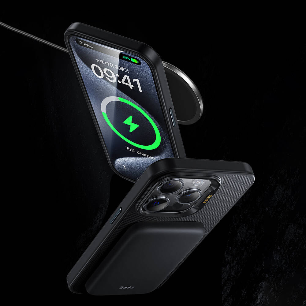 Apple iPhone 16 Pro Kılıf Magsafe Şarj Özellikli Karbon Fiber Benks Montage Hybrid ArmorPro Kevlar Kapak Siyah