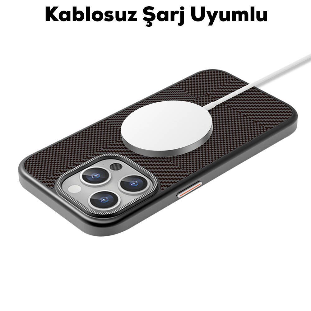 Apple iPhone 16 Pro Kılıf Magsafe Şarj Özellikli Karbon Fiber Desenli Mutural Montage Kapak Siyah