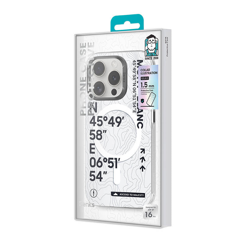 Apple iPhone 16 Pro Kılıf Magsafe Şarj Özellikli Koordinat Yazı Desenli Benks Summit Serisi Kapak Beyaz