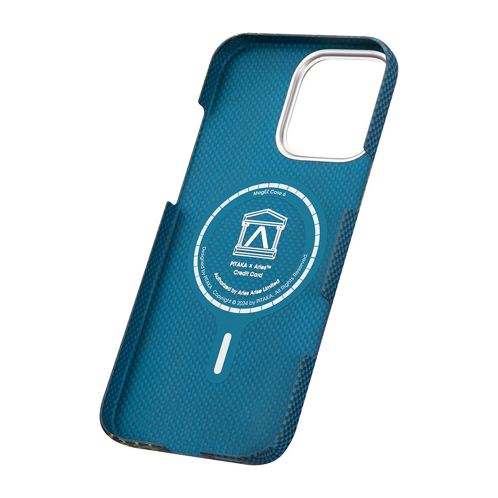 Apple iPhone 16 Pro Kılıf Magsafe Şarj Özellikli Lumintex Teknolojili Fosforlu Aramid Fiber Pitaka Tactile Woven Aries Serisi Credit Card Kapak Yeşil-Mavi