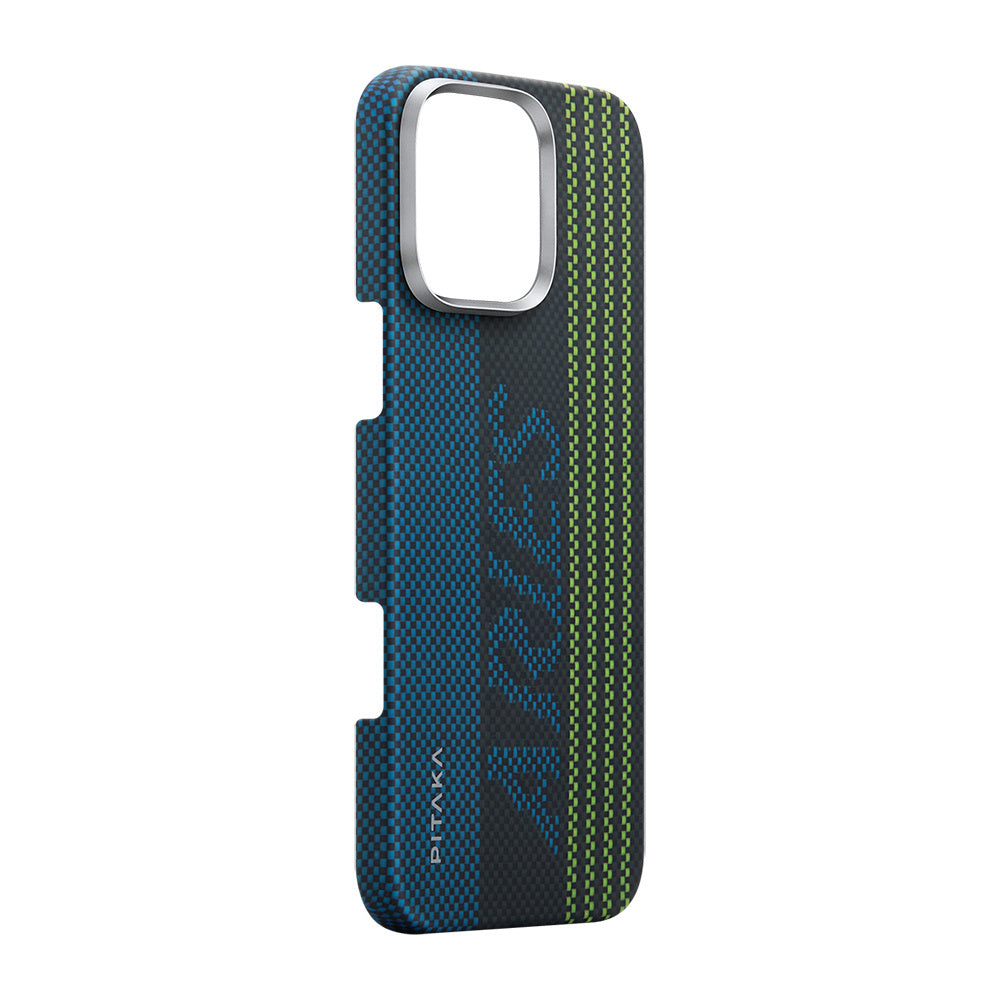 Apple iPhone 16 Pro Kılıf Magsafe Şarj Özellikli Lumintex Teknolojili Fosforlu Aramid Fiber Pitaka Tactile Woven Aries Serisi Credit Card Kapak Yeşil-Mavi