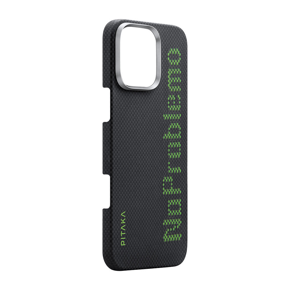 Apple iPhone 16 Pro Kılıf Magsafe Şarj Özellikli Lumintex Teknolojili Fosforlu Aramid Fiber Pitaka Tactile Woven Aries Serisi NoProblemo Kapak Siyah