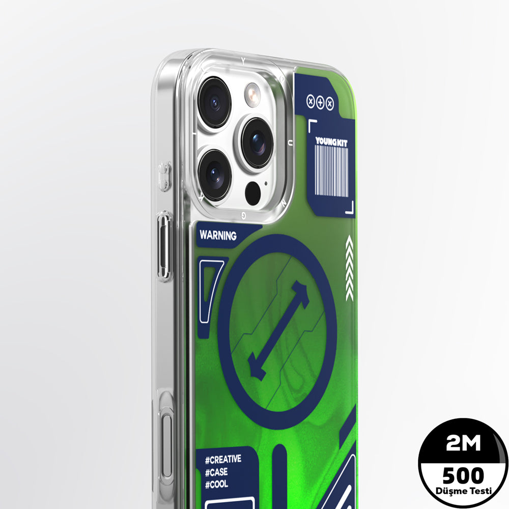 Apple iPhone 16 Pro Kılıf Magsafe Şarj Özellikli Parlak Kumlu Sıvılı Tasarımlı Galaxy Fantasy Serisi Kapak Yeşil