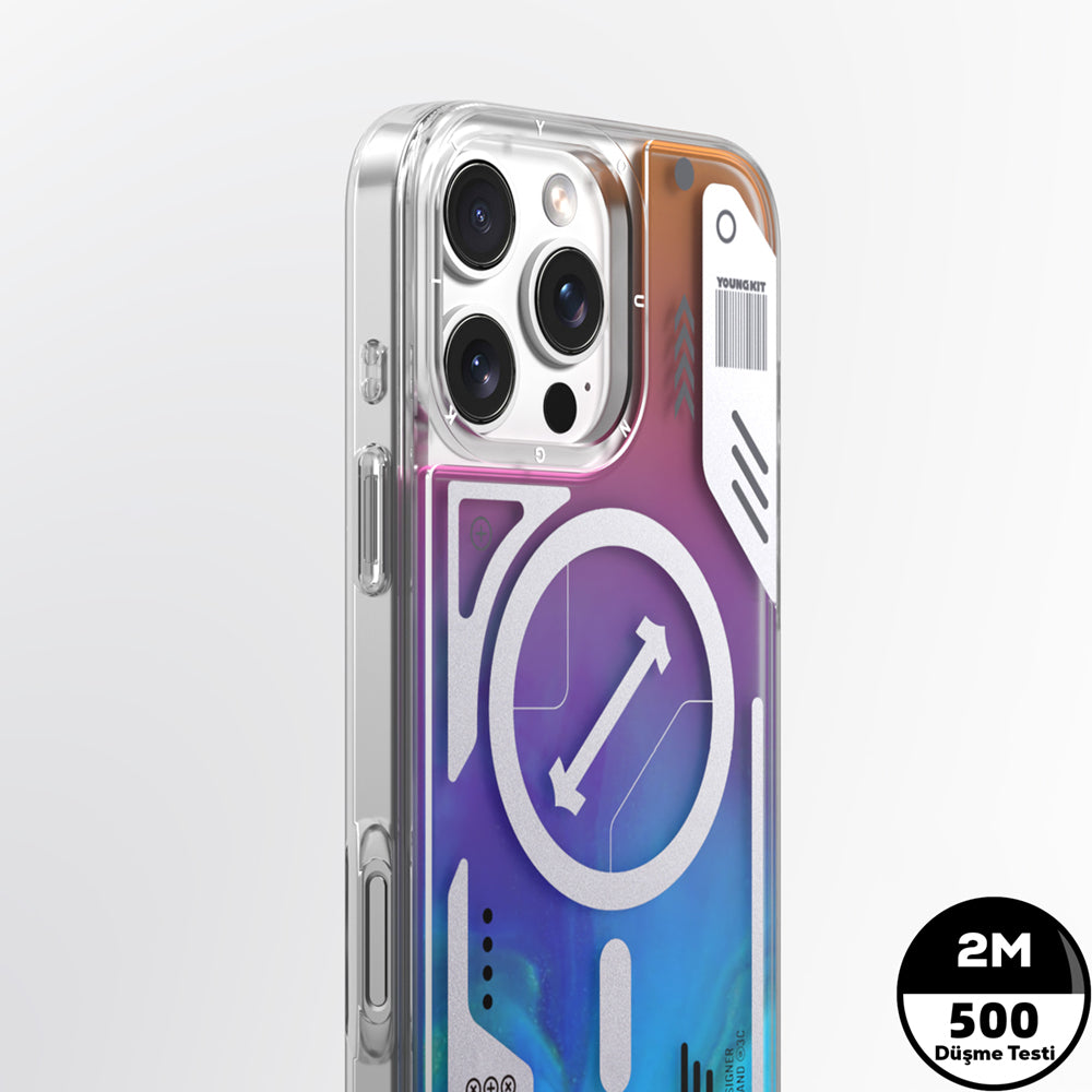 Apple iPhone 16 Pro Kılıf Magsafe Şarj Özellikli Parlak Kumlu Sıvılı Tasarımlı Galaxy Fantasy Serisi Kapak Turuncu