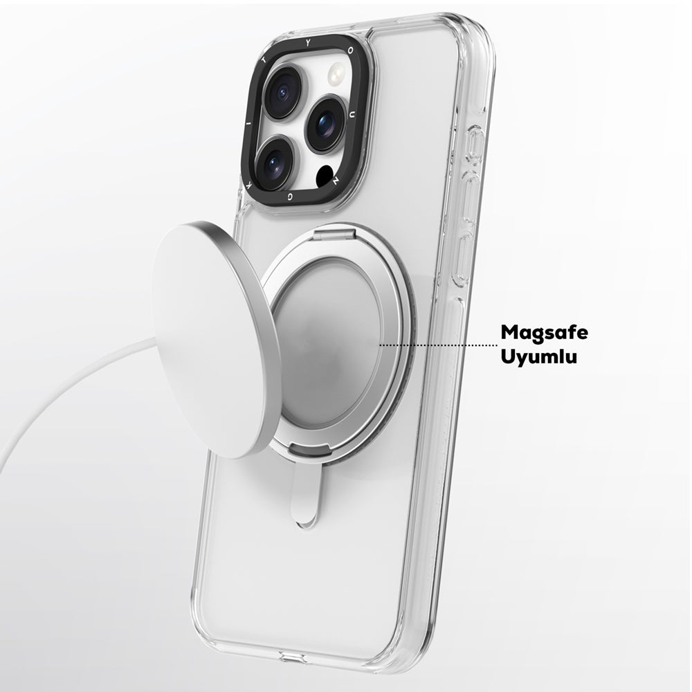 Apple iPhone 16 Pro Kılıf Magsafe Şarj Özellikli Parmak Ring Standlı Youngkit Pivot Serisi Kapak Şeffaf