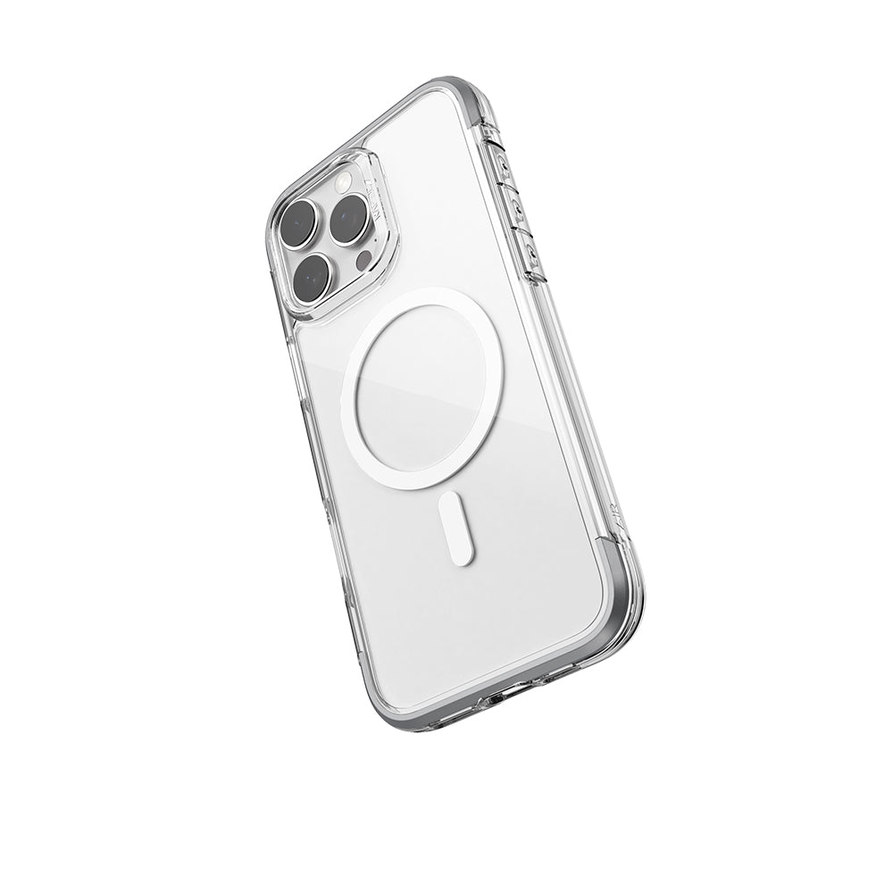 Apple iPhone 16 Pro Kılıf Magsafe Şarj Özellikli Raptic Air Serisi Airbag Tasarımlı Metal Köşelikli Şeffaf Kapak Gümüş
