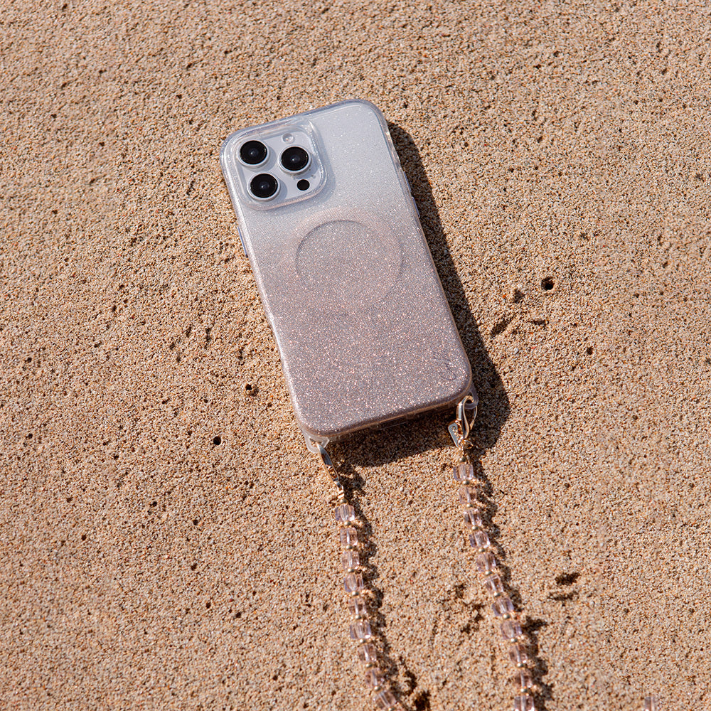 Apple iPhone 16 Pro Kılıf Magsafe Şarj Özellikli Simli Arka Yüzey Askı Aparatlı Coehl Lumino Kapak Rose Gold