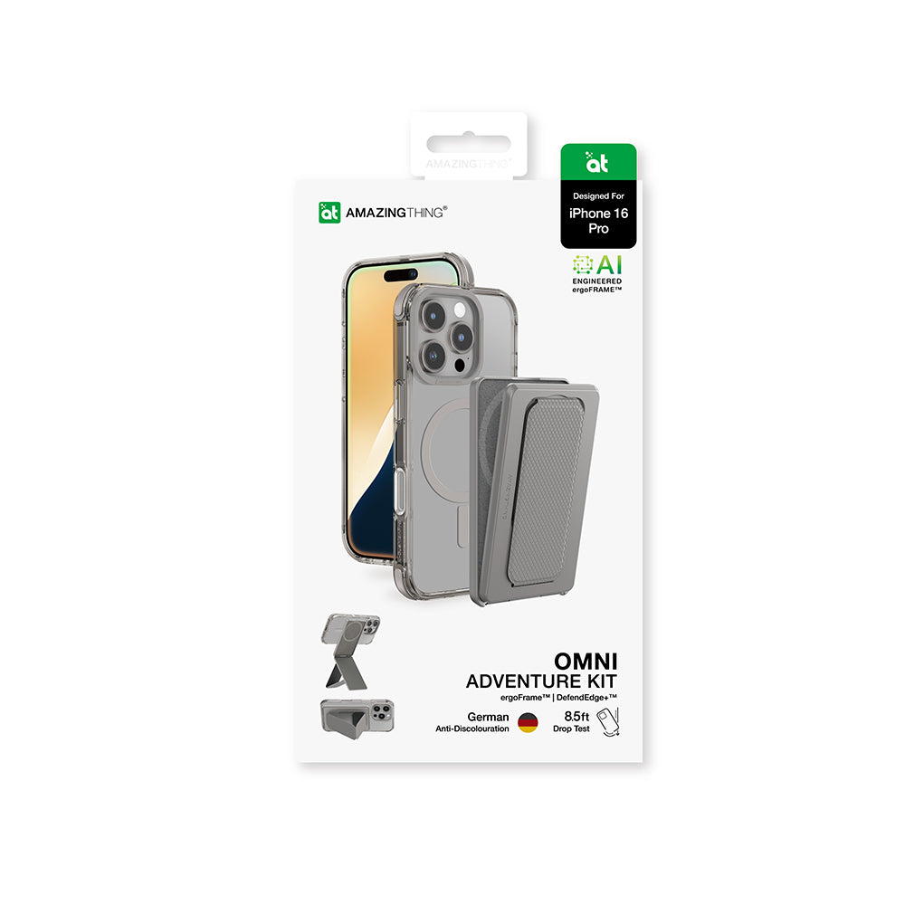 Apple iPhone 16 Pro Kılıf Magsafe Şarj Özellikli Standlı Set Amazingthing Omni Adventure Serisi Kapak Gri