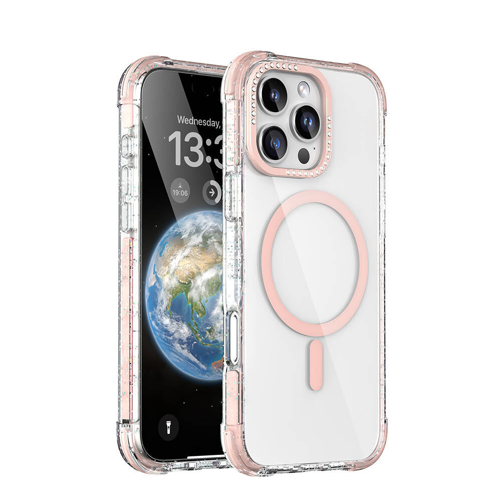 Apple iPhone 16 Pro Kılıf Magsafe Şarj Özellikli Taşlı ve Simli Tasarım Mutural Blink Kapak Mavi