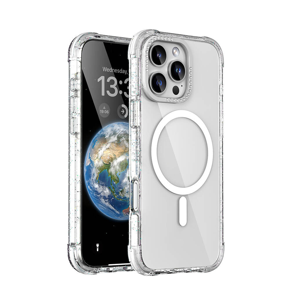 Apple iPhone 16 Pro Kılıf Magsafe Şarj Özellikli Taşlı ve Simli Tasarım Mutural Blink Kapak Şeffaf