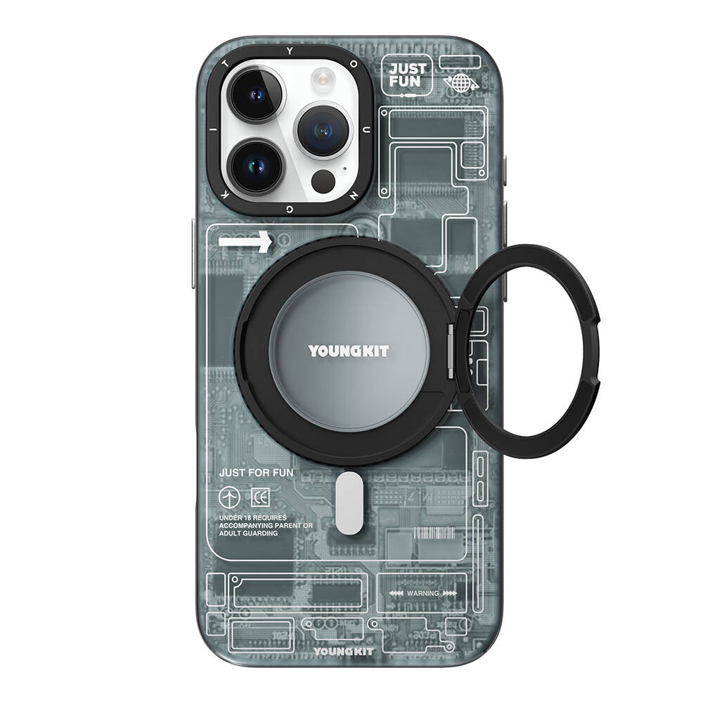 Apple iPhone 16 Pro Kılıf Magsafe Şarj Özellikli Youngkit 360° Standlı Technology Serisi Kapak Mavi