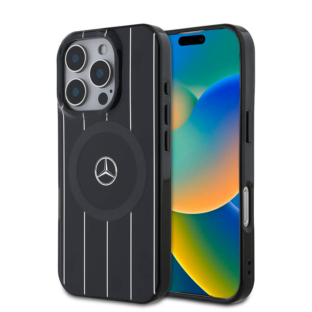 Apple iPhone 16 Pro Kılıf Mercedes Benz Orjinal Lisanslı Magsafe Şarj Özellikli Çift Katmanlı Paralel Çizgi Desenli Kapak Siyah