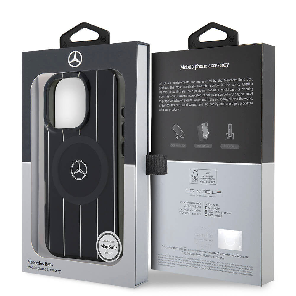 Apple iPhone 16 Pro Kılıf Mercedes Benz Orjinal Lisanslı Magsafe Şarj Özellikli Çift Katmanlı Paralel Çizgi Desenli Kapak Siyah
