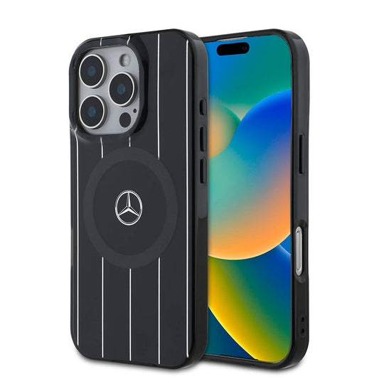 Apple iPhone 16 Pro Kılıf Mercedes Benz Orjinal Lisanslı Magsafe Şarj Özellikli Çift Katmanlı Paralel Çizgi Desenli Kapak Siyah