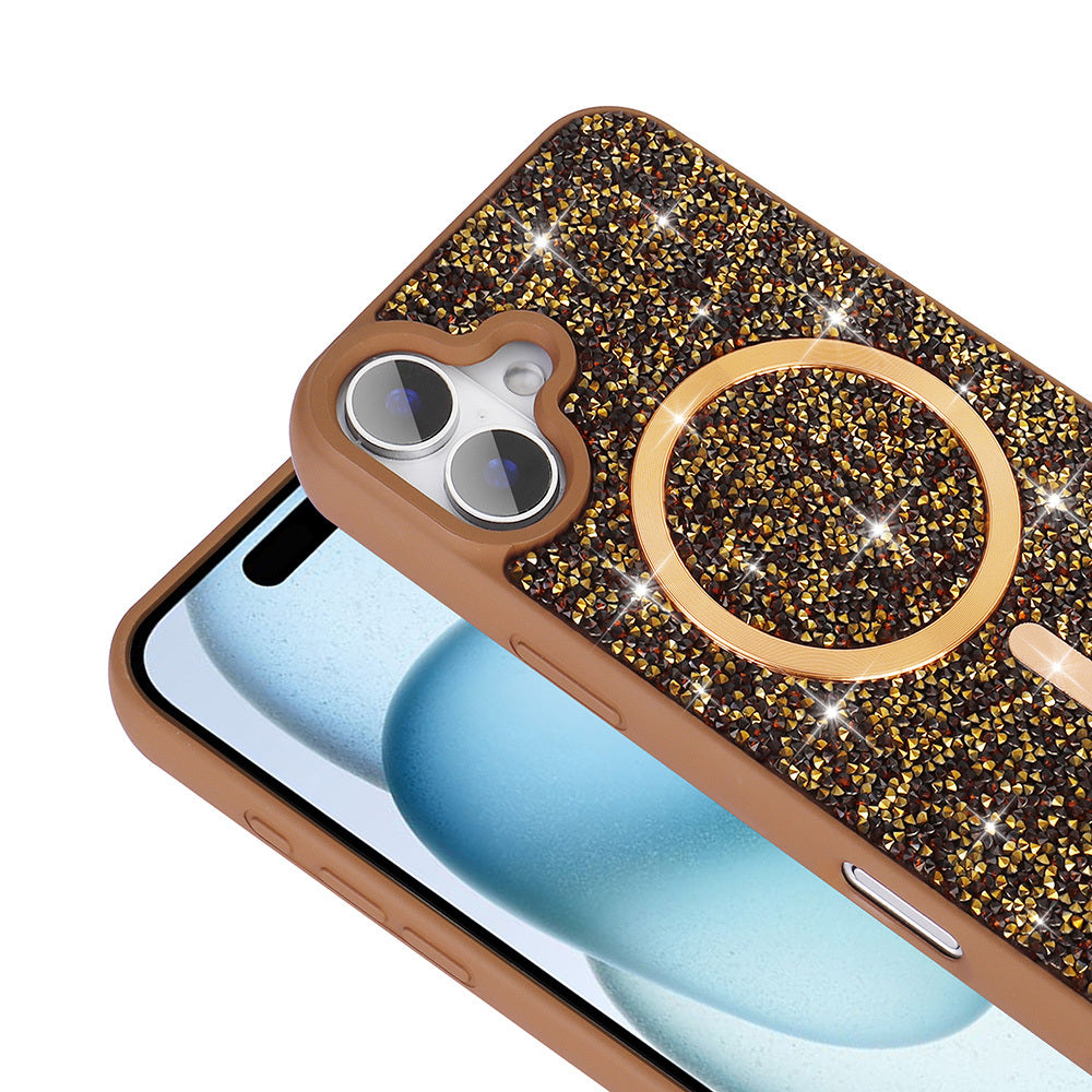 Apple iPhone 16 Pro Kılıf Pırlanta Tasarımlı M-safe Şarj Özellikli Zore Mozaik Silikon Kapak Desert Titanyum