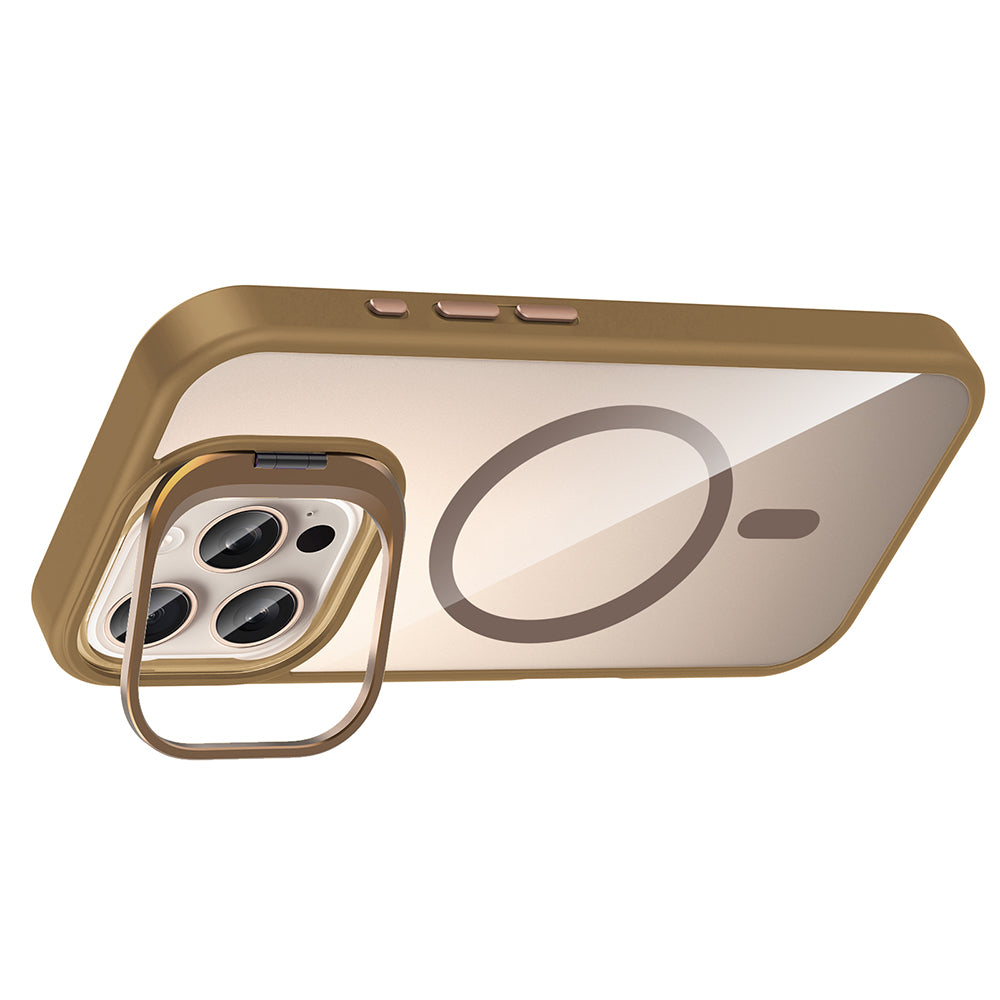 Apple iPhone 16 Pro Kılıf Standlı ve Kamera Lens Hediyeli M-Safe Şarj Özellikli Zore Etro Kapak Gri