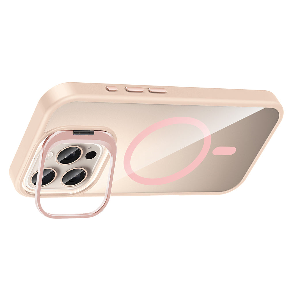 Apple iPhone 16 Pro Kılıf Standlı ve Kamera Lens Hediyeli M-Safe Şarj Özellikli Zore Etro Kapak Pembe