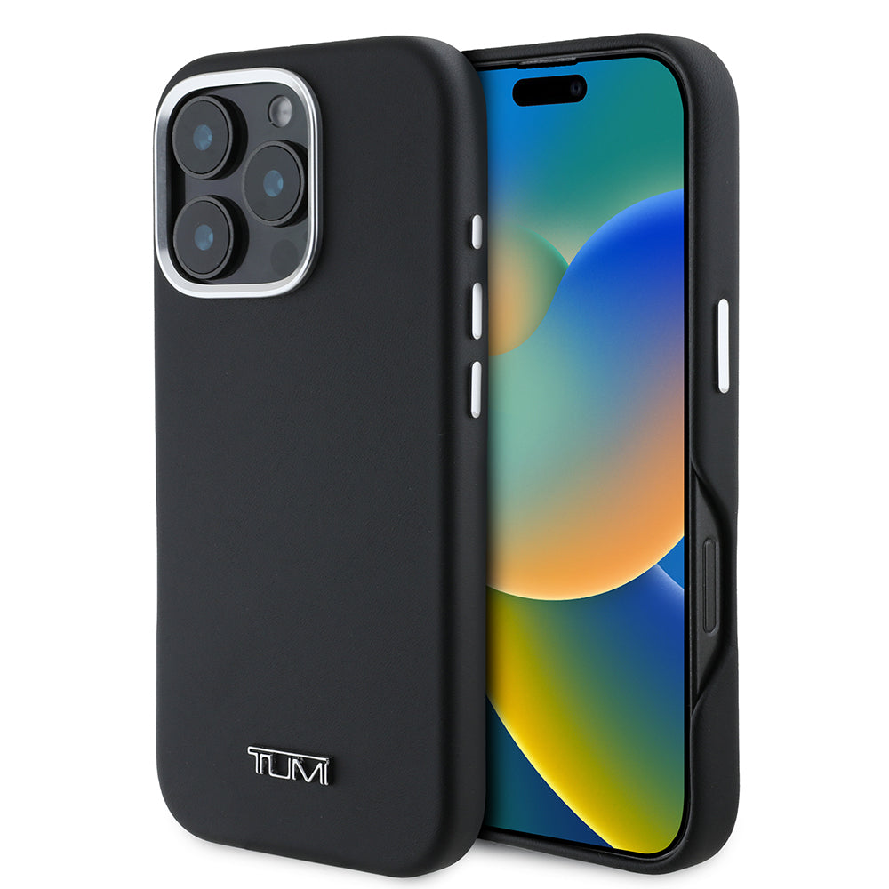 Apple iPhone 16 Pro Kılıf TUMI Orjinal Lisanslı M-safe Şarj Özellikli Metal Yazı Logolu PU Deri Kapak Siyah