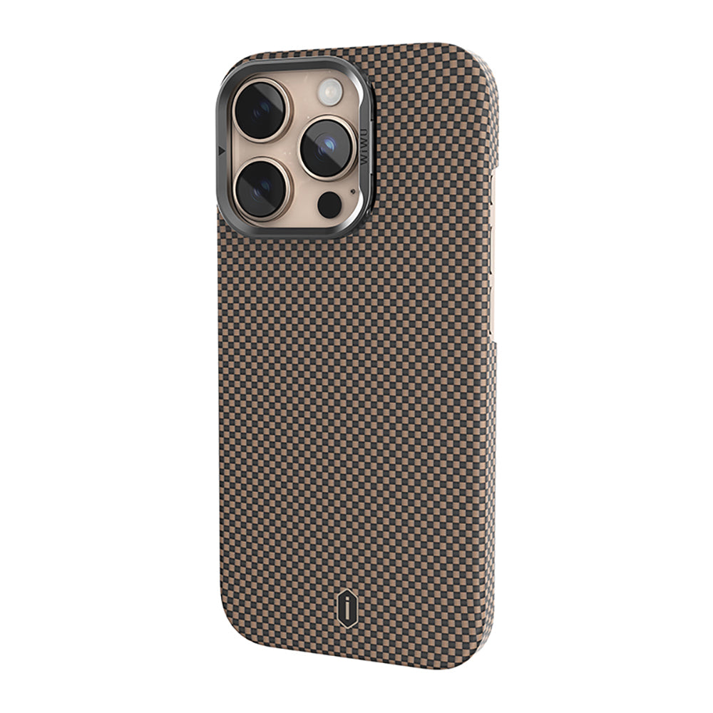 Apple iPhone 16 Pro Kılıf Wiwu DCC-208 M-safe Şarj Özellikli Kamera Standlı Aramid Fiber Tasarım Kevlar Kapak Siyah