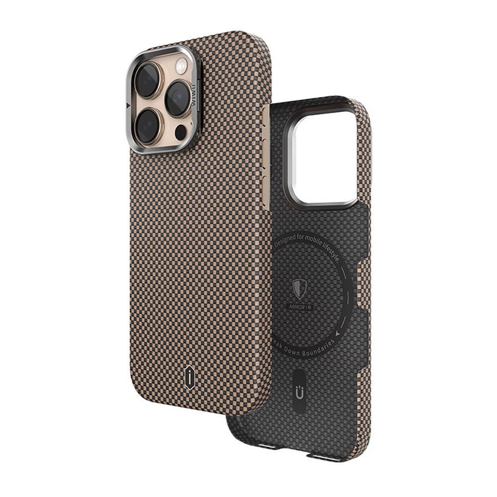 Apple iPhone 16 Pro Kılıf Wiwu DCC-208 M-safe Şarj Özellikli Kamera Standlı Aramid Fiber Tasarım Kevlar Kapak Siyah