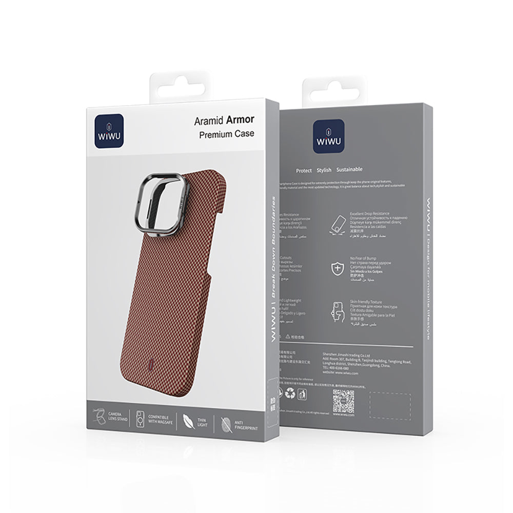 Apple iPhone 16 Pro Kılıf Wiwu DCC-208 M-safe Şarj Özellikli Kamera Standlı Aramid Fiber Tasarım Kevlar Kapak Gold