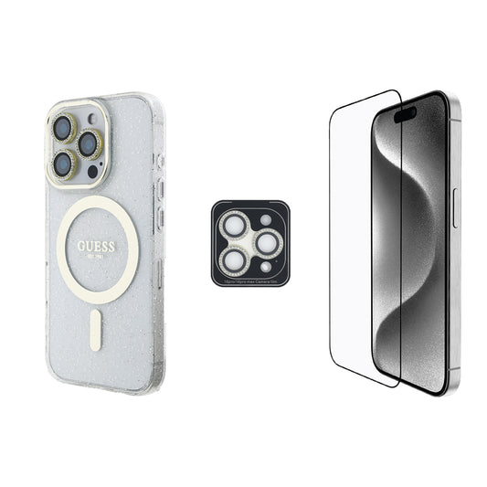 Apple iPhone 16 Pro Max Guess Orjinal Lisanslı 3'lü Aksesuar Seti IML Baskılı Simli Glitter Kılıf + Ekran Koruyucu + Lens Koruyucu Şeffaf