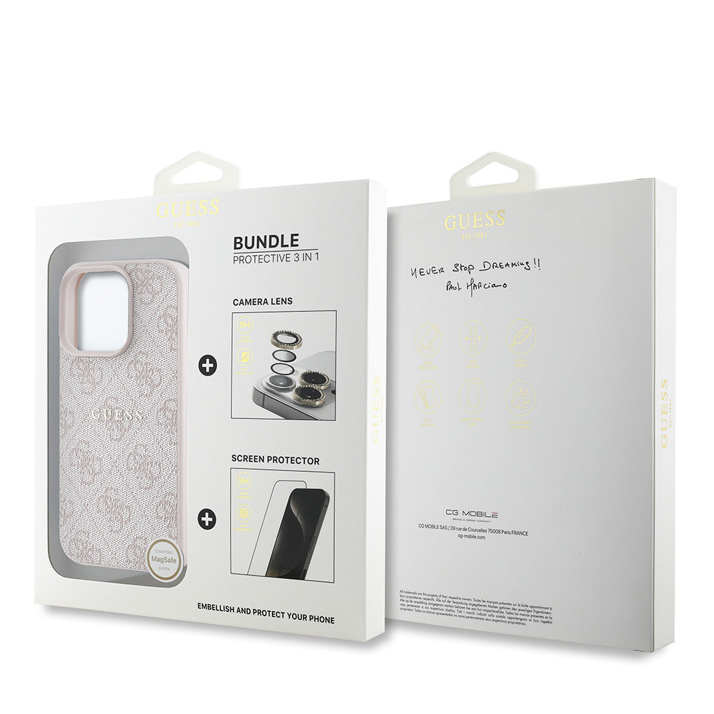 Apple iPhone 16 Pro Max Guess Orjinal Lisanslı Kılıf + Ekran Koruyucu + Lens Koruyucu 3in1 Aksesuar Seti Pembe