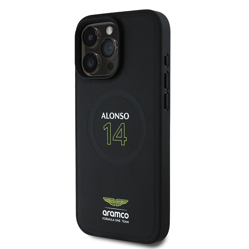 Apple iPhone 16 Pro Max Kılıf Aston Martin Orjinal Lisanslı M-safe Şarj Özellikli PU Deri Alonso 14 Baskılı Kapak Siyah