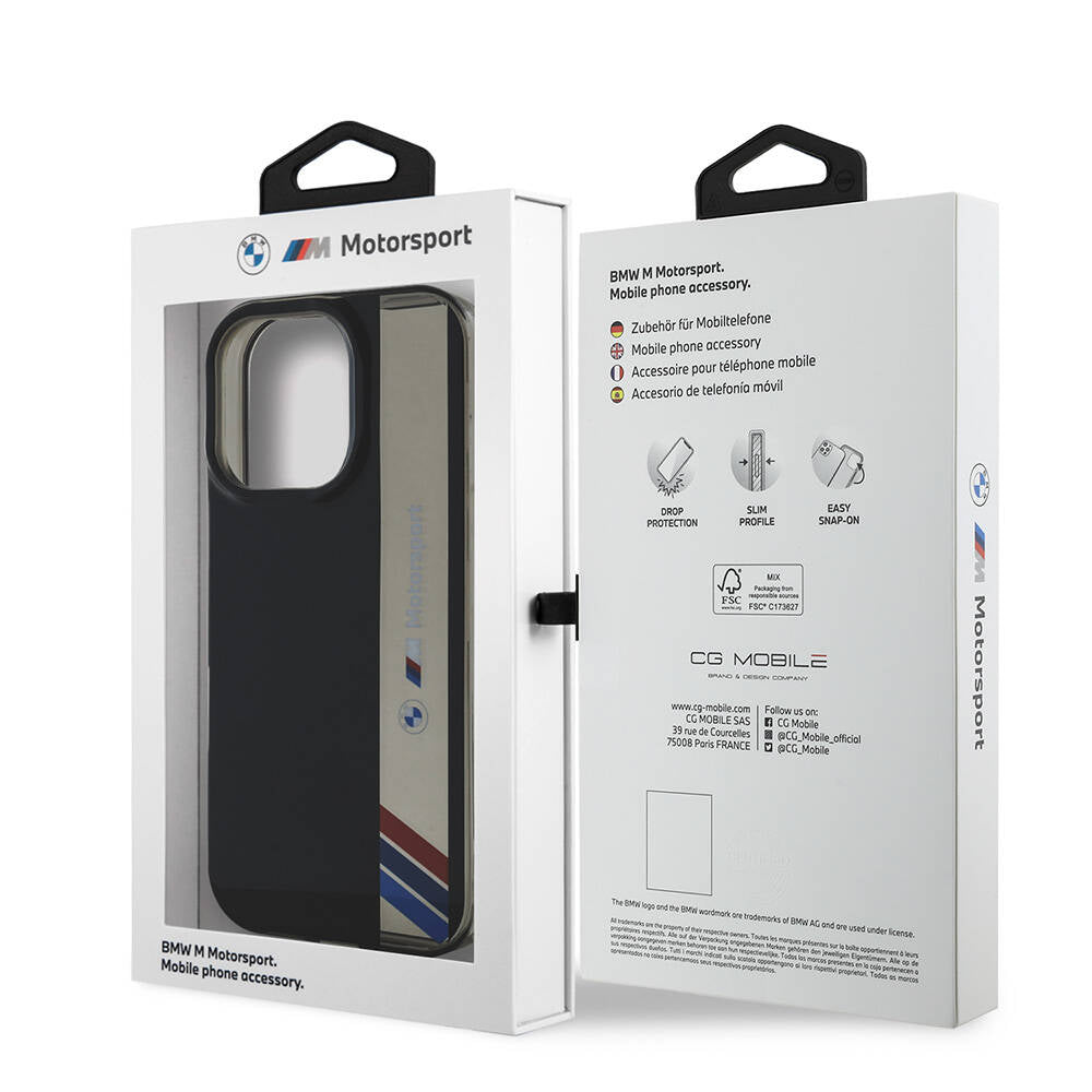 Apple iPhone 16 Pro Max Kılıf BMW Orjinal Lisanslı M Logolu Üç Renk Çizgili Motorsport Vertical Stripe Kapak Siyah