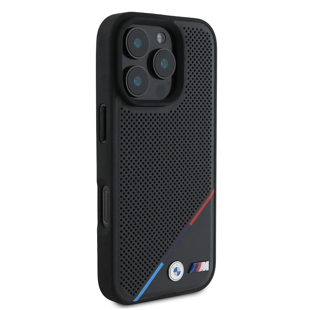 Apple iPhone 16 Pro Max Kılıf BMW Orjinal Lisanslı Magsafe Şarj Özellikli M Logolu Üç Çizgili Delikli Deri Kapak Siyah