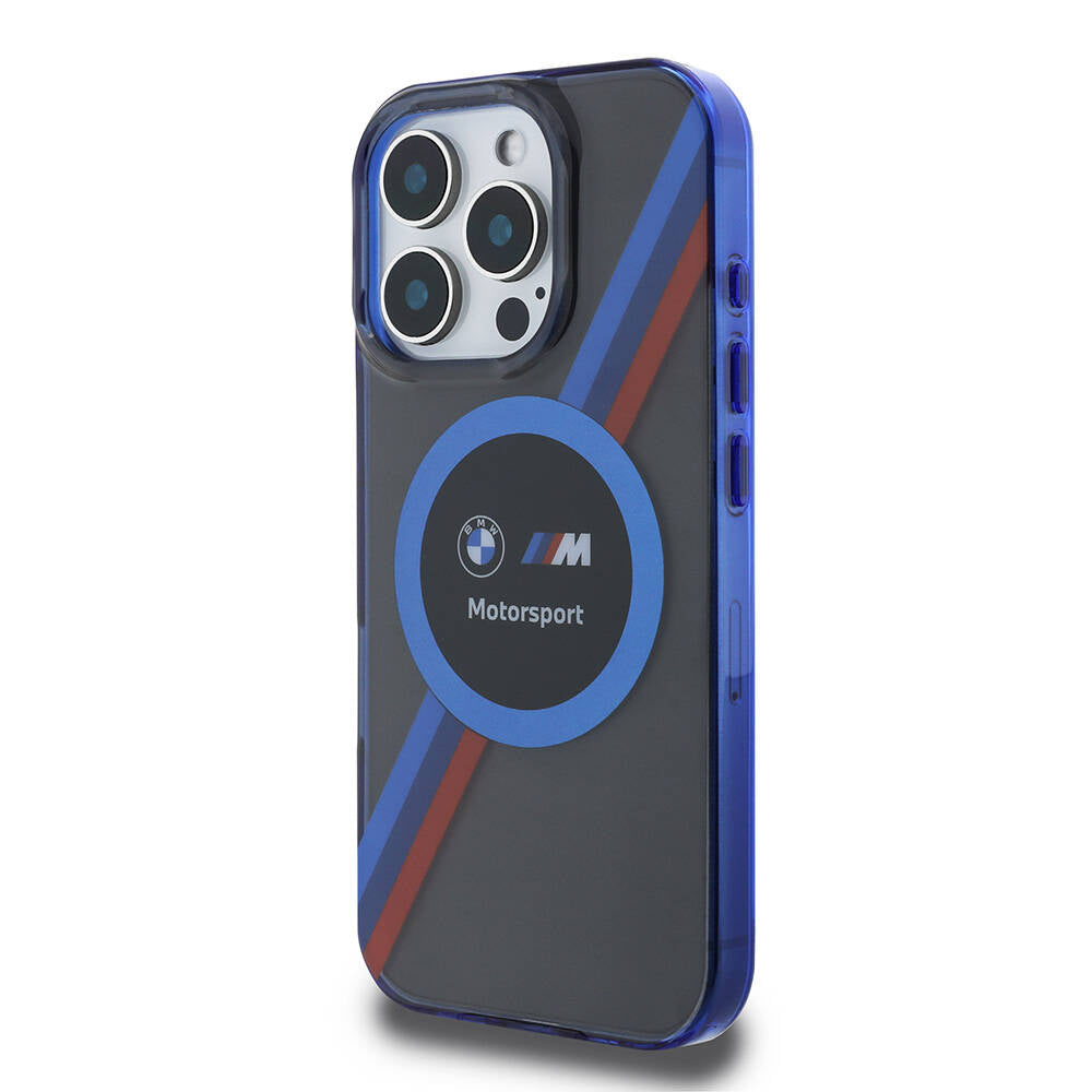 Apple iPhone 16 Pro Max Kılıf BMW Orjinal Lisanslı Magsafe Şarj Özellikli M Logolu Üç Renk Çizgili Motorsport Circle Kapak Siyah