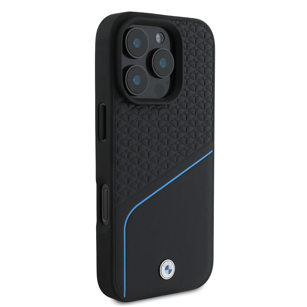 Apple iPhone 16 Pro Max Kılıf BMW Orjinal Lisanslı Magsafe Şarj Özellikli Metal Logolu Dokulu ve Çizgili Deri Kapak Gri