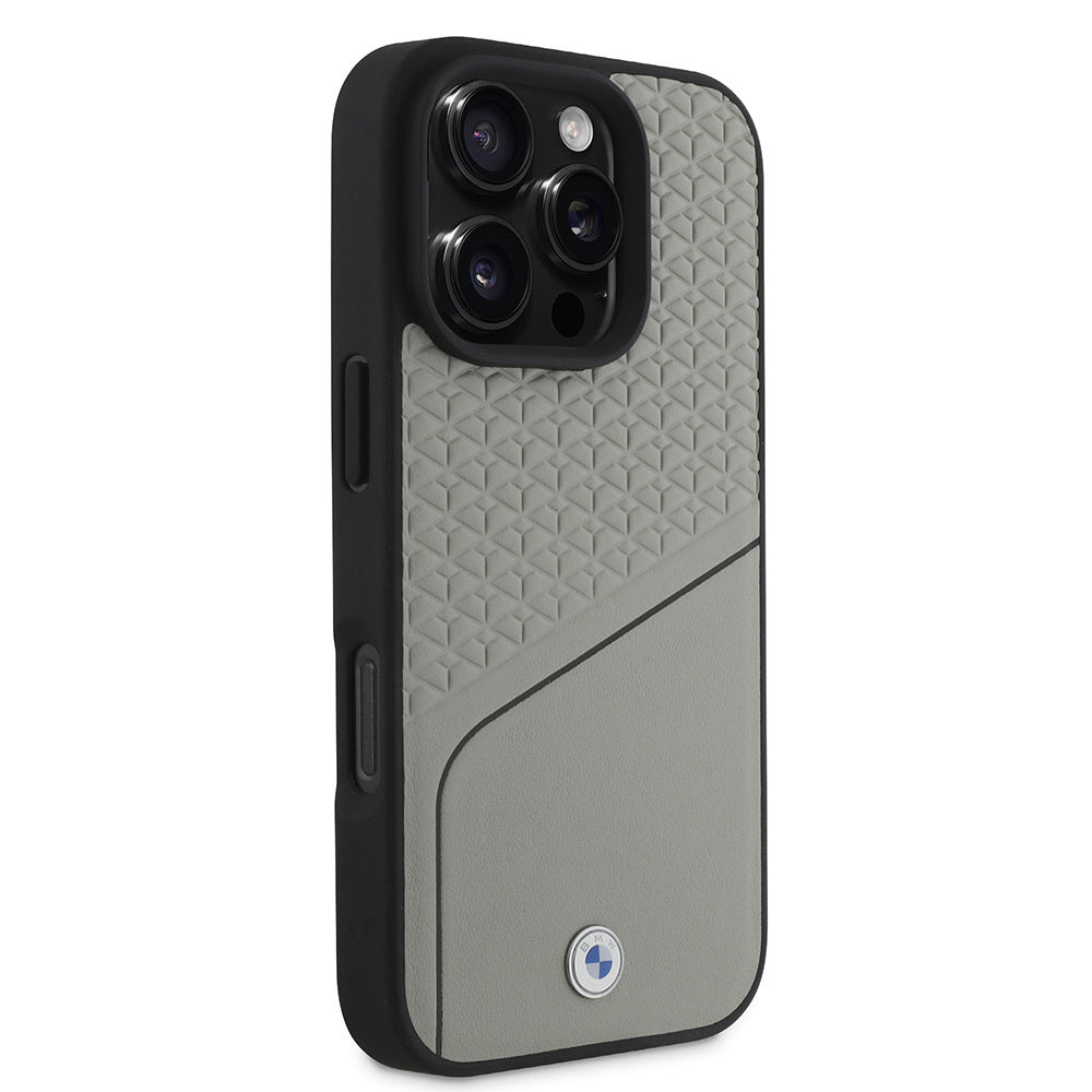 Apple iPhone 16 Pro Max Kılıf BMW Orjinal Lisanslı Magsafe Şarj Özellikli Metal Logolu Dokulu ve Çizgili Deri Kapak Gri