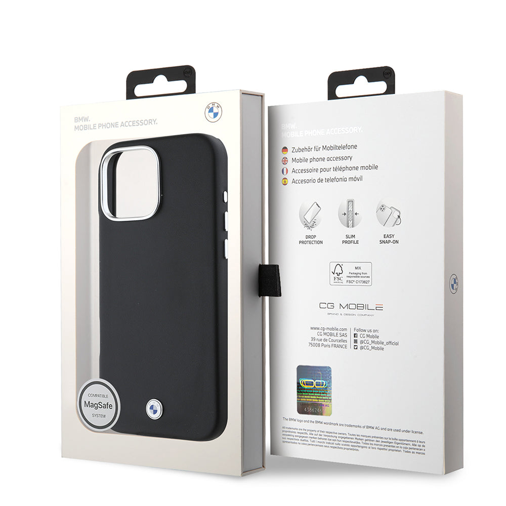 Apple iPhone 16 Pro Max Kılıf BMW Orjinal Lisanslı Magsafe Şarj Özellikli Metal Logolu Tam Kaplama Deri Kapak Siyah