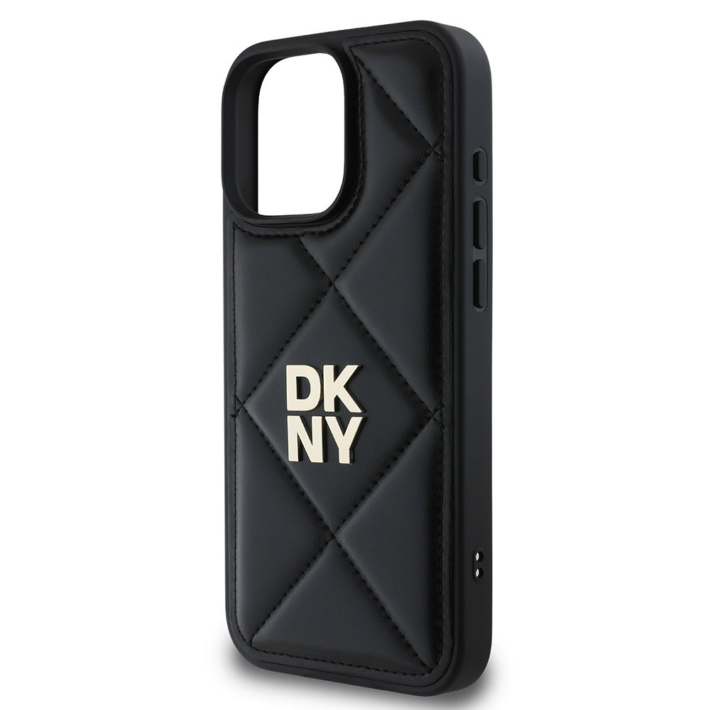 Apple iPhone 16 Pro Max Kılıf DKNY Orjinal Lisanslı Kapitone Tasarımlı Metal Logolu Deri Kapak Siyah