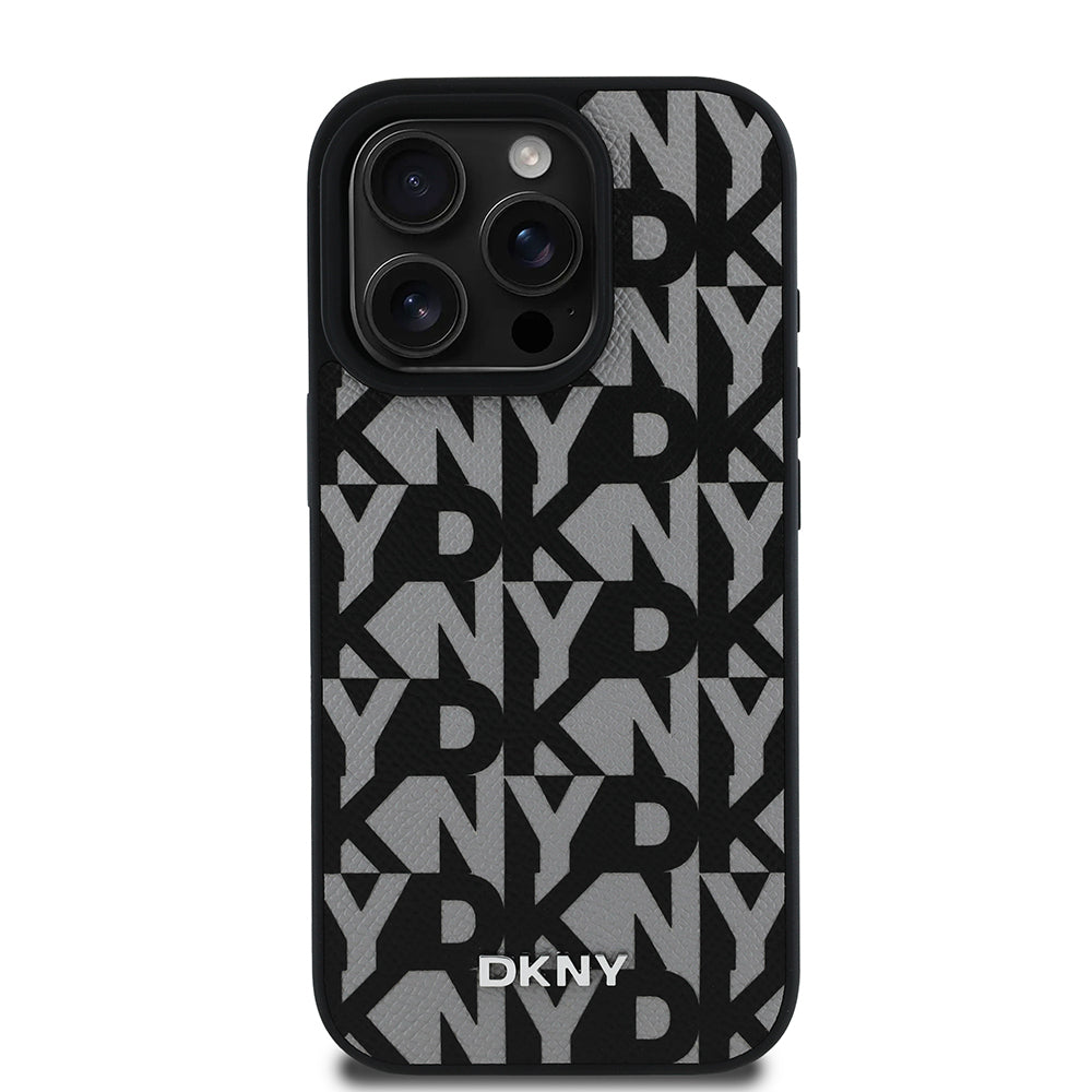 Apple iPhone 16 Pro Max Kılıf DKNY Orjinal Lisanslı M-safe Şarj Özellikli 3D Yazılı Grid Pattern Kapak Kahverengi